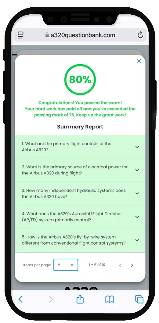 A320 Question Bank test results page displayed on a mobile screen showing an 80% exam score with a summary report.